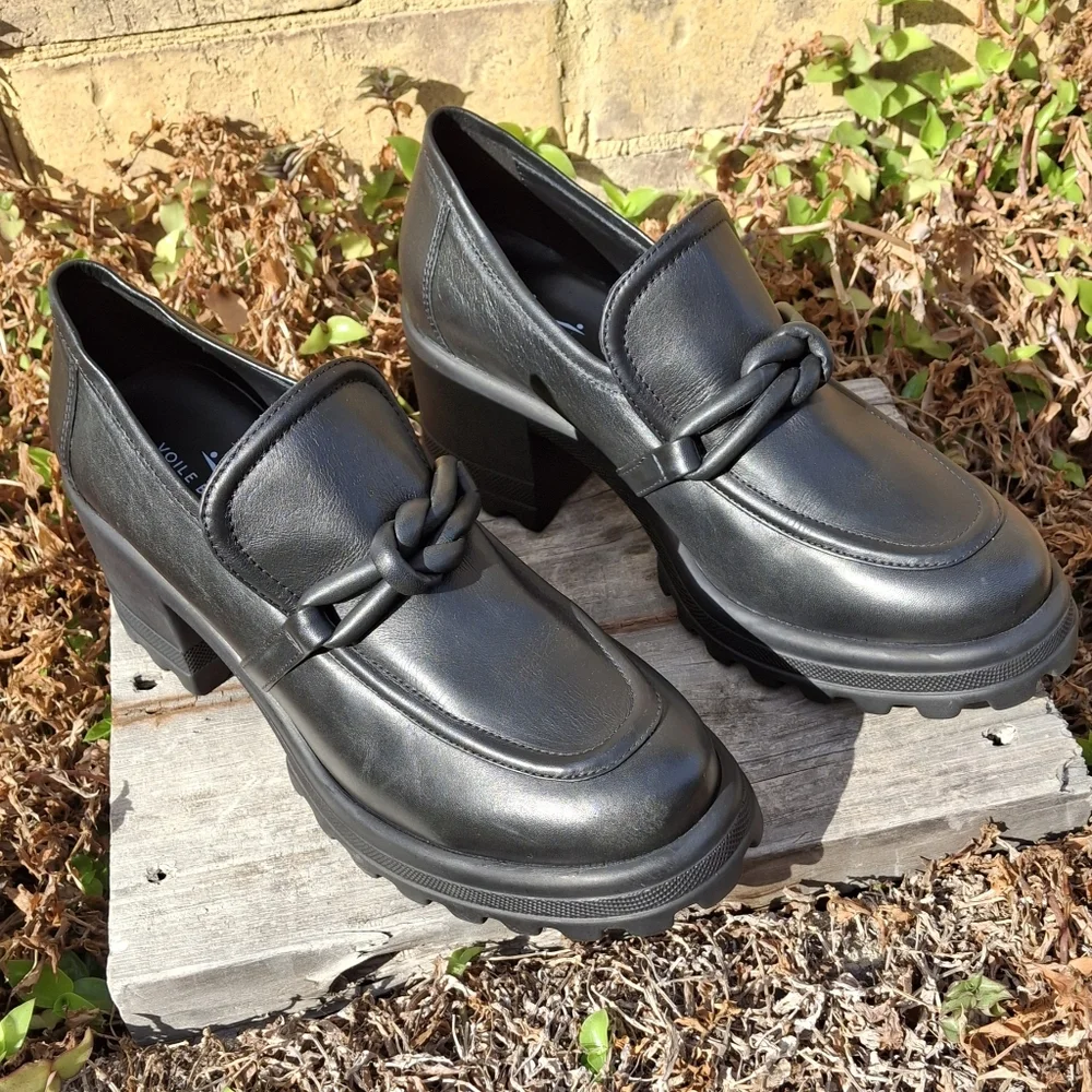 Voile Blanche Carine Black Leather Slip-On Ankle Chunky Loafers Size Women 10.5 - Picture 4 of 16